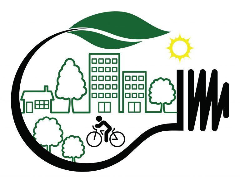 Sustainable community icon, with bikes, cars, and